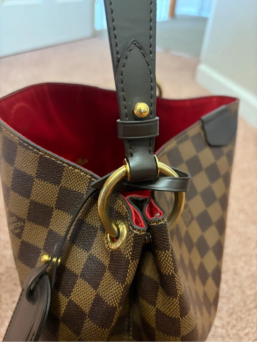 Louis Vuitton Damier Ebene Shoulder Bag with Red Interior